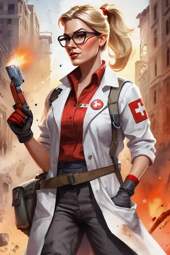 lady medic,medic,female nurse,combat medic,female doctor,woman fire fighter,warsaw uprising,nurse,nurse uniform,girl with gun,woman holding gun,girl with a gun,german red cross,paramedic,ghostbusters,cartoon doctor,spy,male nurse,american red cross,civil defense,Illustration,Paper based,Paper Based 24