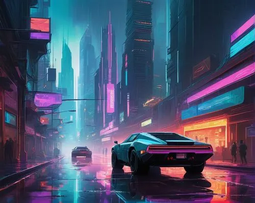 bladerunner,cyberpunk,neon arrows,polara,camaros,80's design,cityscape,neon,futuristic landscape,retro car,neon lights,futuristic,camaro,neons,3d car wallpaper,colorful city,neon ghosts,synth,autopia,cybercity,Illustration,Vector,Vector 11