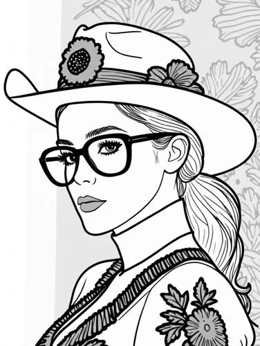 a girl with glasses and hat coloring page,fashion vector,coloring page,coloring pages,coloring pages kids,summer line art,comic halftone woman,Design Sketch,Design Sketch,Rough Outline