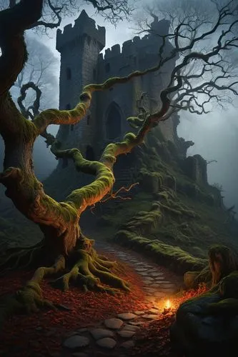 Asimar fantasy artwork, medieval setting, ancient stone walls, mystical forest, misty atmosphere, eerie fog, glowing mushrooms, twisted vines, gnarled tree branches, ruined castle in the background, m