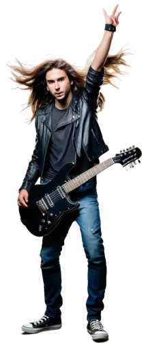 Electric guitar, rock music, solo performance, spotlight center stage, energetic pose, long hair flowing in wind, black leather jacket, ripped jeans, Converse shoes, Marshall amplifier, microphone sta