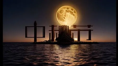 orthanc,sea fantasy,irminsul,unicron,herakleion,maunsell,ships wheel,phase of the moon,doubloons,diving bell,goldmoon,pirate ship,pirate treasure,atlantica,hanging moon,asatru,golden candlestick,discworld,earthsea,spelljammer,Realistic,Landscapes,Mystical Spaces