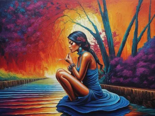 oil painting on canvas,welin,art painting,girl on the river,oil painting,siddharta,ayahuasca,oil on canvas,pintura,woman thinking,bohemian art,dubbeldam,radha,siddhartha,fantasy art,woman playing,markin,girl with tree,dream art,saraswati,Illustration,Realistic Fantasy,Realistic Fantasy 25