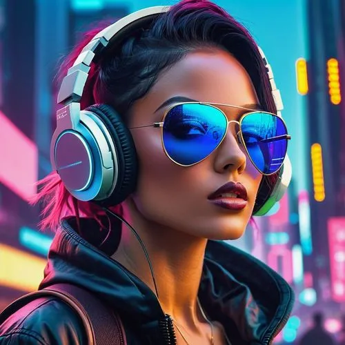 cyberpunk,cyberpunks,music background,headphone,cyber glasses,wireless headset,futurepop,headphones,sennheiser,retro music,headset,wireless headphones,electropop,aviators,synth,retro girl,futuristic,listening to music,beats,vidya,Illustration,Abstract Fantasy,Abstract Fantasy 11