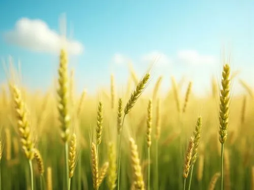 Wheat color palette, sports fields, sunny day, clear blue sky, few white clouds, natural light, warm atmosphere, lush green grass, vibrant yellow wheat, subtle texture, detailed blades, gentle breeze,