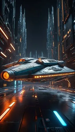 amazing sci-fi space ship, with silver metallic surface and metal panels, with cyber details, ((flying in a futuristic City)). photo realistic, 8k, ultra realistic, sharp lines, sharp focus, teal oran