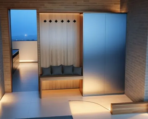 a bedroom with a wooden window seat and built in bed,saunas,sauna,modern minimalist bathroom,luxury bathroom,wooden sauna,japanese-style room,Photography,General,Realistic