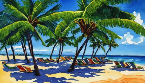 beach landscape,coconut trees,caribbean beach,tropical beach,umbrella beach,watercolor palm trees,waikiki beach,dream beach,paradise beach,summer beach umbrellas,coconut palms,beach scenery,beach chairs,honolulu,tropical sea,deckchairs,brazilian beach,cuba beach,palmtrees,colored pencil background,Illustration,Paper based,Paper Based 10