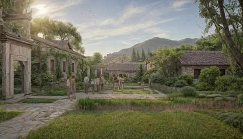 monastery garden,mountain settlement,idyll,idyllic,garden of plants,the garden,pompeii,gardens,homestead,home landscape,farmstead,salt meadow landscape,collected game assets,ancient city,towards the garden,knight village,hacienda,alpine village,ancient house,courtyard