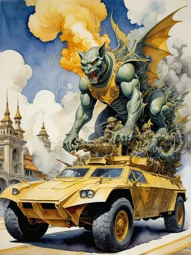 fierce demonstration of innovative gargoyle military vehicles, an unreasonable number of missiles trailing intricate woven tendrils of smoke, fantastic Escher baroque kintsugi watercolor, military fas