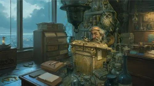 apothecary,orchestrion,grandfather clock,gringotts,clockmaker,watchmaker