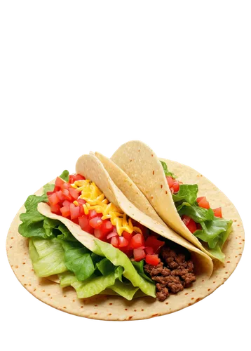 Crunchy tacos, Mexican food, transparent background, solo, colorful toppings, juicy beef, lettuce, diced tomatoes, sour cream, shredded cheese, crispy tortilla, savory texture, warm lighting, shallow 