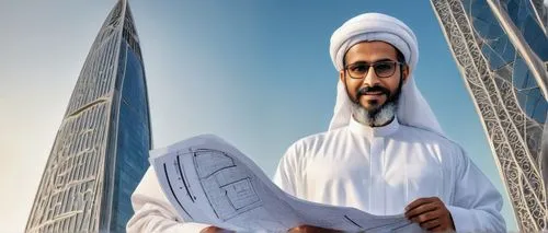 Modern Arabic architect, Dada Deo Alrashid Alam, standing confidently, wearing a white dishdasha and keffiyeh, holding a large blueprint, black-framed glasses, well-groomed beard, mustache, and hair, 