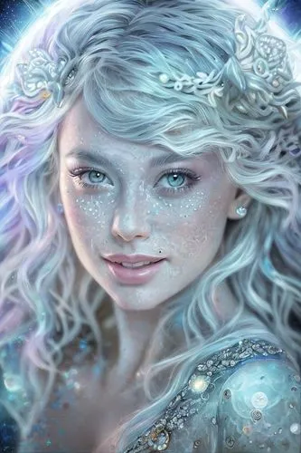 elsa,fantasy portrait,the snow queen,ice queen,fantasy art,aurora,white rose snow queen,fantasy picture,ice princess,mermaid background,fae,fairy galaxy,aquarius,faery,faerie,zodiac sign libra,star mother,fantasy woman,mystical portrait of a girl,virgo,Art sketch,Art sketch,Concept