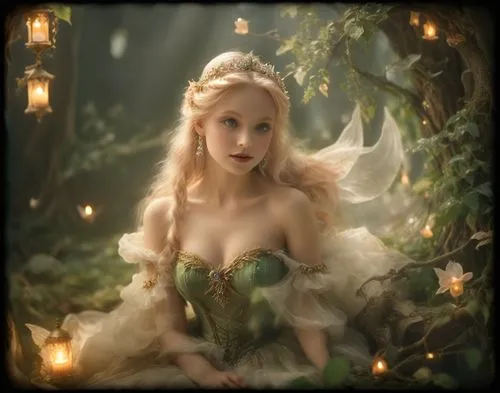 fairy girl in green sitting by her lantern,faery,faerie,fairy queen,fairy,tinkerbell,fairie,Illustration,Realistic Fantasy,Realistic Fantasy 02