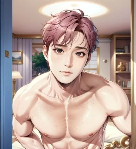 skin and muscles,an animated boy poses in a messy bedroom,iskandar,greil,minjun,pectorals,muscleman,pecks