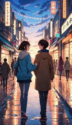 walking in the rain,hand in hand,umbrellas,taipei,shibuya,anime japanese clothing,sakana,busan night scene,japanese umbrellas,travelers,hold hands,world digital painting,sope,studio ghibli,tokyo,blue rain,holding hands,kimonos,evening atmosphere,chinatown,Anime,Anime,Realistic