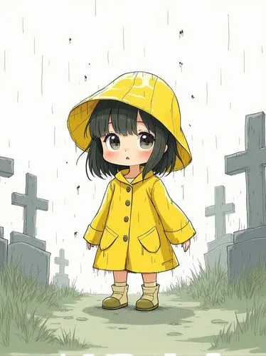 A captivating illustration featuring a small, beautiful chibi girl in a yellow raincoat, drawn in a minimalistic style inspired by the artistic talents of Ashley Wood, Bill Watterson, and Rafael Albuq