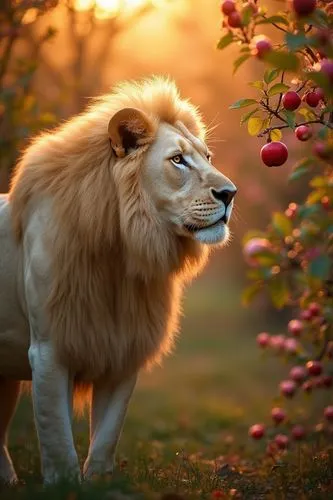 A picture white male lion with a thick, golden mane stands amidst a vibrant apple orchard in full bloom, bathed in the warm, golden light of the setting sun. Dappled light from the leaves illuminates 