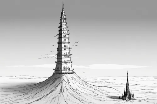 cellular tower,spire,sky space concept,minarets,electric tower,offshore wind park,towers,tower of babel,steel tower,continental shelf,power towers,futuristic landscape,oil rig,electric lighthouse,obelisk,space port,russian pyramid,post-apocalyptic landscape,moon base alpha-1,virtual landscape,Illustration,Paper based,Paper Based 21