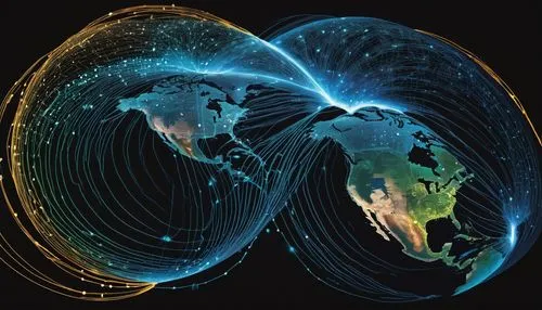 A map of earth circuitry and data streams, representing the flow of information. Digital network. Digital conexions,a close up of two globes on top of each other,interconnectivity,connected world,inte