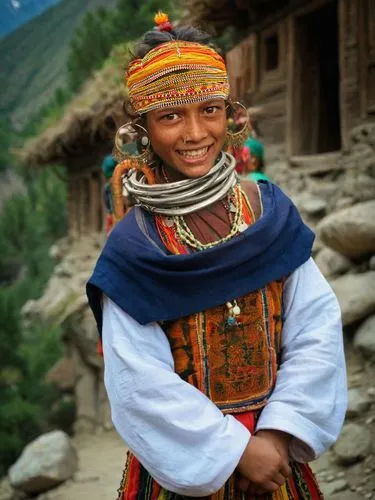 young kalash girl in the western Himalayas, dressed in traditional clothing, somewhere on the silk road background,malana,bhutanese,humla,bajhang,kalashi,dhugal,rongbuk,kalash,kalasha,joshimath,dagana