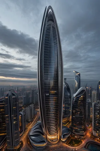 a futuristic city, featuring large glass and steel skyscrs,dubay,dubia,tallest hotel dubai,largest hotel in dubai,futuristic architecture,guangzhou,quatar,dubai,jumeirah,doha,shenzen,united arab emira