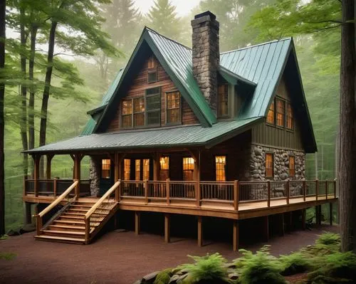 Rustic Adirondack architecture, wooden cabin, stone foundation, steeply pitched roof, green metal roof, natural wood siding, wooden deck, porch with wooden railings, lantern-style lighting, forest sur