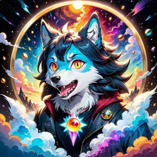 constellation wolf,howling wolf,howl,astral traveler,sun moon,cosmic eye,edit icon,colorful stars,celestial event,star sky,rainbow and stars,celestial,moonbow,furta,rainbow background,cosmic,celestial body,supernova,wolf,p badge,Anime,Anime,Cartoon