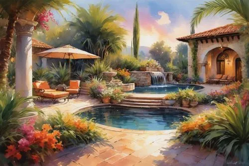 home landscape,roof landscape,watercolor background,oasis,outdoor pool,idyllic,landscape background,pool house,palm garden,world digital painting,swimming pool,landscaped,pool bar,tropical island,tropical house,watercolor cafe,resort,watercolor palm trees,pools,dorne,Conceptual Art,Oil color,Oil Color 03