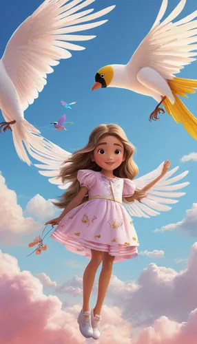 Compose a lighthearted children's story about a talking flying bird who befriends a shy girl and helps her gain confidence.,little angels,flying girl,doves of peace,angel girl,love angel,fairies aloft