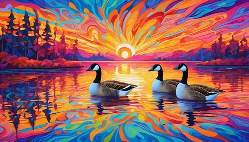 Compose a beautiful poem describing a serene lake where a pair of geese gracefully glide across the water, their reflections shimmering in the sunset.,canadian swans,swans,canada geese,wild ducks,duck