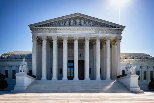 US Supreme Court building, Neoclassical architecture, grand entrance, marble columns, pediment, ornate details, statues, clock tower, dome-shaped roof, American flags, Washington D.C., morning sunligh