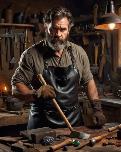 male, muscular, mature, bearded, messy brown hair, intense gaze, silver earrings, black leather apron, worn gloves, holding a hammer, standing, workshop, wooden table, scattered gemstones, various too