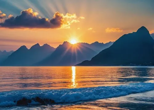 senja,mountain sunrise,mountain and sea,atmosphere sunrise sunrise,sunrise beach,moorea,morne,full hd wallpaper,sun and sea,coast sunset,sunburst background,lofoten,sun rays,windows wallpaper,god rays,rays of the sun,landscapes beautiful,caribbean sea,sunrise,nature wallpaper,Photography,General,Realistic