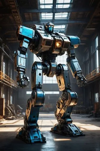 Mech WW1, robotic, masculine, bulky armor, silver and copper accents, glowing blue optics, heavy machine gun arm, hydraulic legs, detailed mechanical structure, metallic texture, industrial setting, f