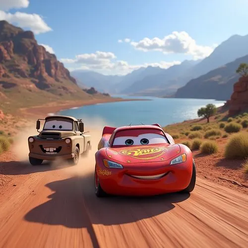 Lightning McQueen racing on a dirt road near a mountain lake against 2 other vehicles from the Cars movie,Lightning McQueen With Mater Driving Near A Mountain Lake,radiator springs racers,racers,fast 