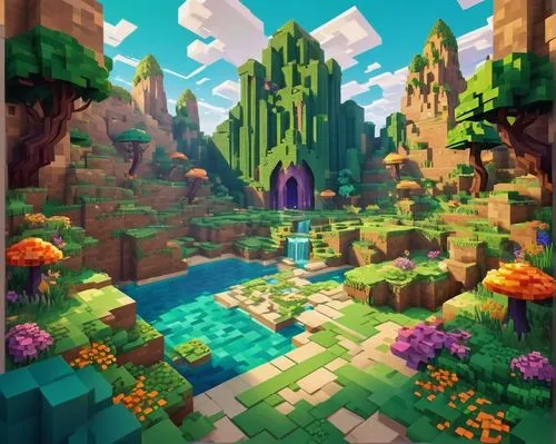 mushroom landscape,fairy village,tileable,mushroom island,a small waterfall,fairy world,low poly,fairy forest,oasis,mountain world,valley,3d fantasy,fantasy landscape,green valley,ravine,virtual landscape,elven forest,underwater oasis,druid grove,fjord,Illustration,Retro,Retro 08