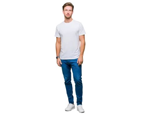 Caucasian, adult, male, short brown hair, blue eyes, strong jawline, fit physique, casual wear, white T-shirt, jeans, sneakers, standing, relaxed pose, natural light, shallow depth of field, warm colo