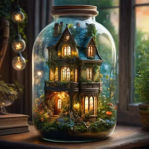 terrarium,glass jar,terrariums,fairy house,miniature house,snowglobes,snow globes,vintage lantern,fairy lanterns,aquarium,little house,fish tank,illuminated lantern,dreamhouse,tree house,fantasy picture,3d fantasy,wishing well,bird house,house in the forest,Conceptual Art,Fantasy,Fantasy 05