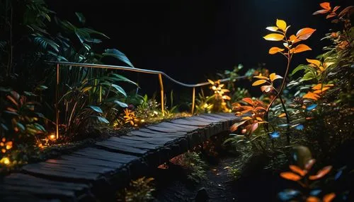 wooden path,pathway,adventure bridge,wooden bridge,forest path,fireflies,illumination,tree top path,walkway,garden bench,arbor,climbing garden,luminous garland,fairy lights,forest floor,tunnel of plants,fairy forest,3d render,pathways,levada,Photography,Artistic Photography,Artistic Photography 02