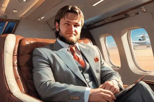 A big boss man, broad-shouldered, sits on a leather couch, with an Asus Tuf laptop, in the cabin of a luxury private jet of an Arab Emirates sheikh, 2000s comic book style.,corporate jet,business jet,