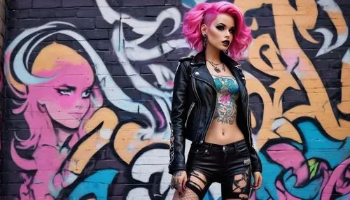 Punk Barbie doll, standing, bold makeup, bright pink hair, leather jacket, ripped fishnet stockings, black boots, silver earrings, tattoo on arm, edgy hairstyle, messy eyebrows, confident expression, 