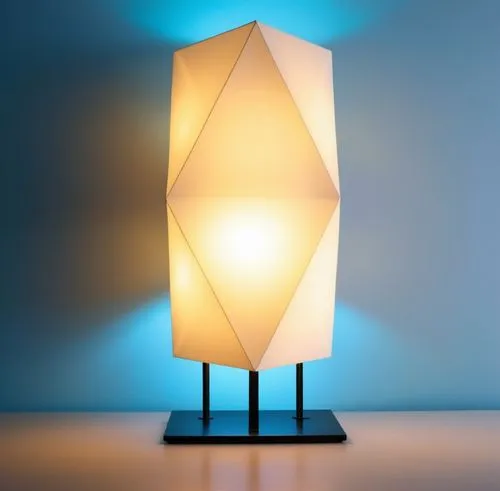 "Create an image of a modern, geometric table lamp. The lamp should have a unique polygonal shape with multiple facets, similar to an origami design. It emits a soft, blue light that illuminates the s