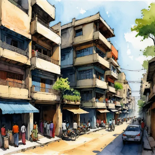 hanoi,souk,slums,watercolor shops,narrow street,vegetable market,saigon,human settlement,honolulu,street scene,world digital painting,fruit market,urbanization,slum,riad,stone town,watercolor sketch,studies,urban development,hashima,Illustration,Paper based,Paper Based 07