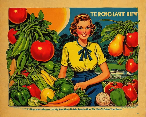 Produce an eye-catching t-shirt,yellow beets,78rpm,retro 1950's clip art,picking vegetables in early spring,tomatos,pesticide,vintage illustration,vintage advertisement,tin sign,tabasco pepper,greenho