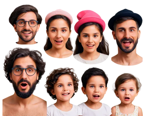 Close-up, facial portrait, various faces, different emotions, smiling, laughing, crying, surprised, serious, male, female, old, young, child, baby, beard, mustache, glasses, hats, hairstyles, detailed