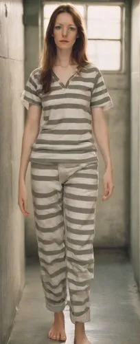 full body view:(female prisoner)(barefooted, barefoot, bare feet, bare toes, natural toenails)(normal ideal human proportions, real human proportions)(medium buxom)(neutral expression, natural face, n