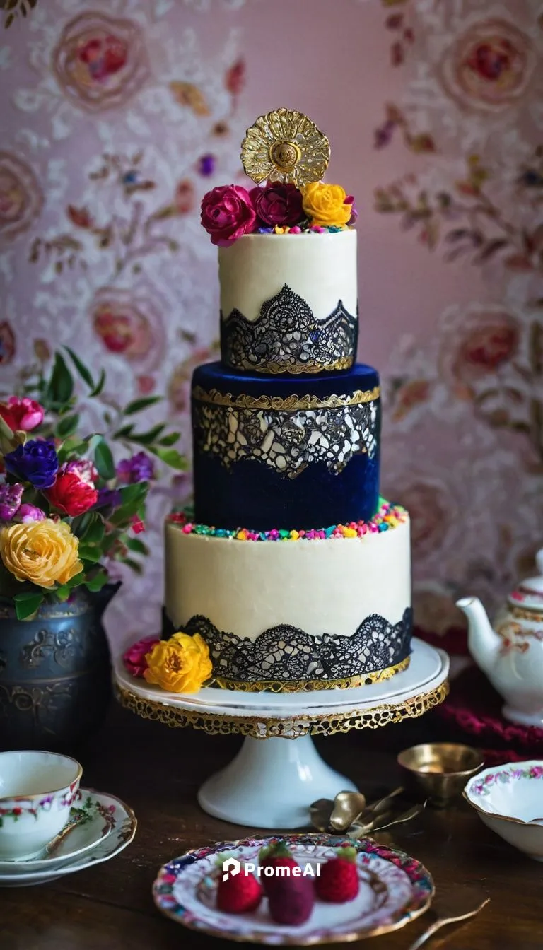 Adams Family cake, golden crust, creamy white frosting, colorful sprinkles, three-tiered, ornate designs, Victorian-era inspired, luxurious velvet cloth background, warm softbox lighting, shallow dept