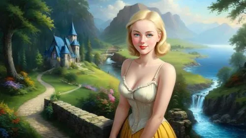 Masterpiece oil painting, gothic dark fantasy scenery, vast treacherous medieval European landscape, by Thomas Kinkade, by Bob Ross,eilonwy,the blonde in the river,galadriel,fantasy picture,fairy tale